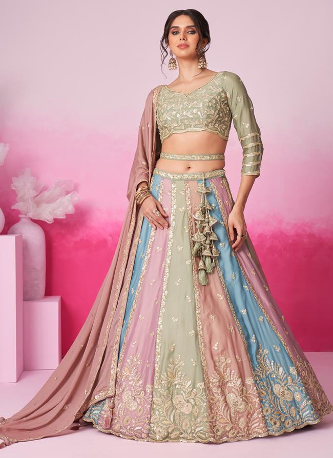 Pure Silk Lime Green Wedding Wear Sequins Work Lehenga Choli